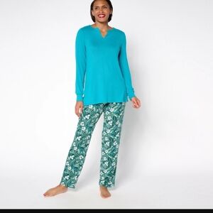 Teal Long Sleeve Pajama Set with Floral Print Pants xs